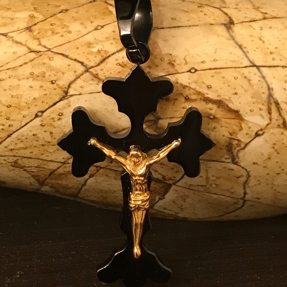 Stainless Steel Men’s Black and Gold Tone Cross